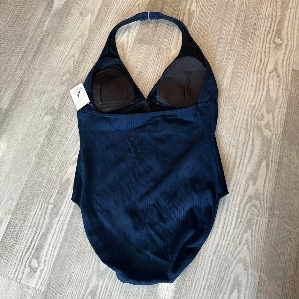NWT Nautica Navy Halter Ribbed One Piece Swimsuit 18